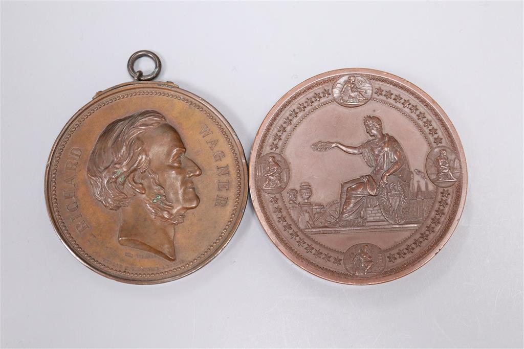 Two bronze medallions, Richard Wague and International Exhibition Philadelphine